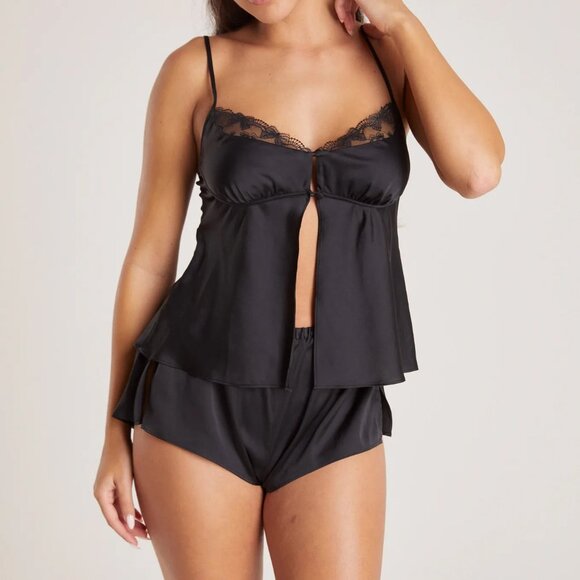 NWT Lounge Bow Satin Cami Pajama Top and Mini Satin Pajama Shorts - Black - Picture 1 of 6